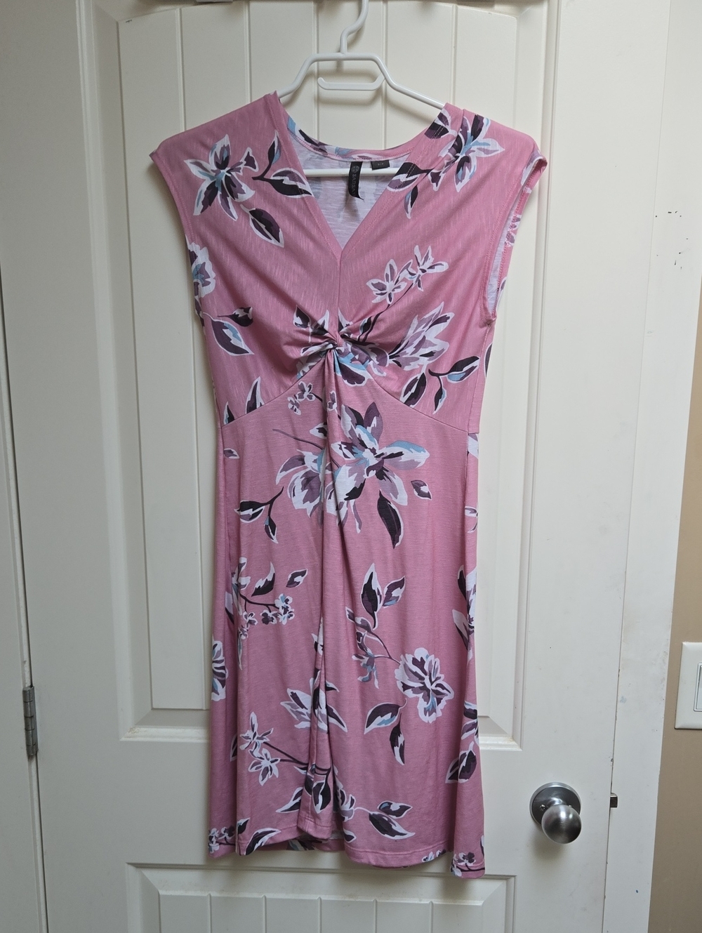 Sansara Women's Knot-Front Pink Summer Floral Midi Dress Short Sleeve Small